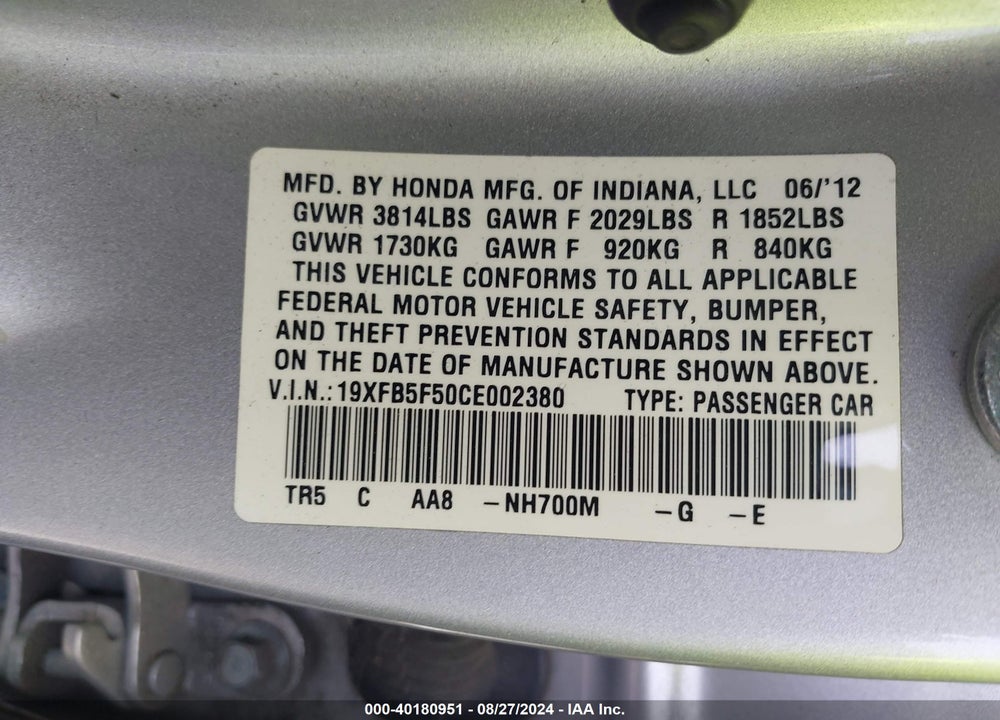 2012 HONDA CIVIC NATURAL GAS VIN: 19XFB5F50CE002380