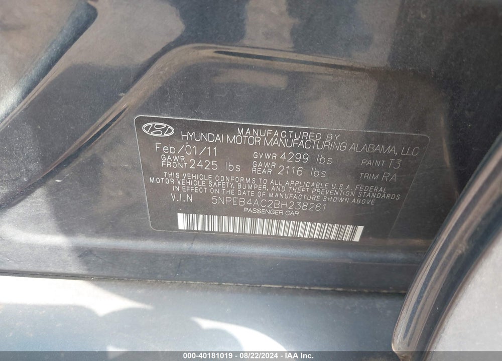 2011 HYUNDAI SONATA GLS VIN: 5NPEB4AC2BH238261
