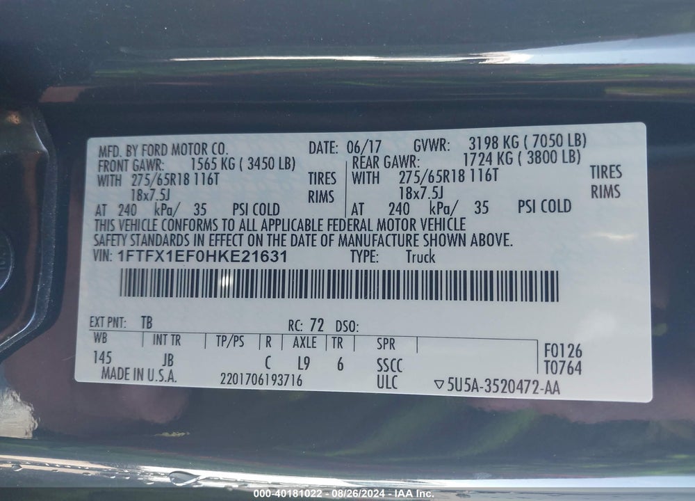 2017 FORD F-150 XLT VIN: 1FTFX1EF0HKE21631