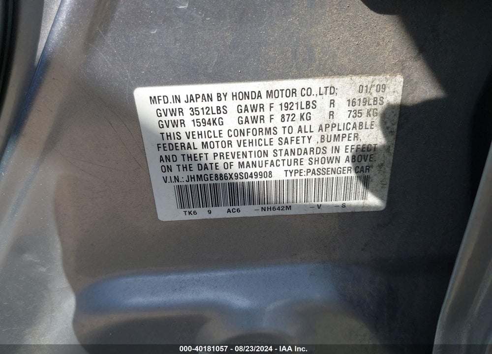 2009 HONDA FIT SPORT VIN: JHMGE886X9S049908