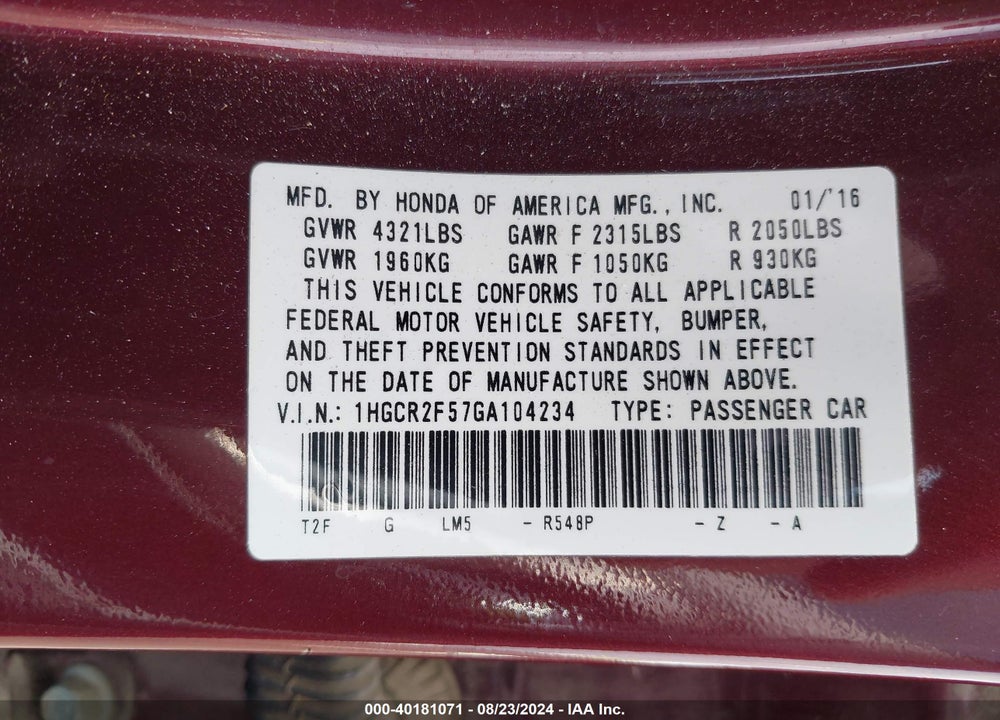 2016 HONDA ACCORD SPORT VIN: 1HGCR2F57GA104234