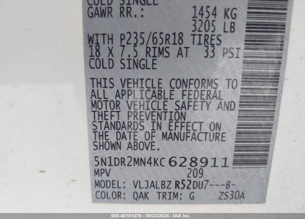 2019 NISSAN PATHFINDER S VIN: 5N1DR2MN4KC628911