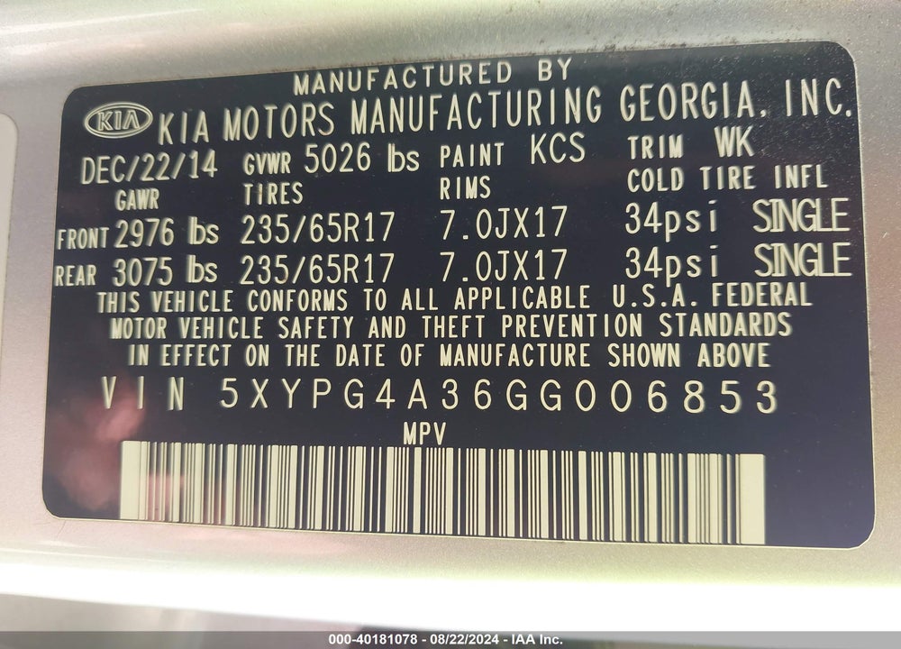 2016 KIA SORENTO 2.4L LX VIN: 5XYPG4A36GG006853