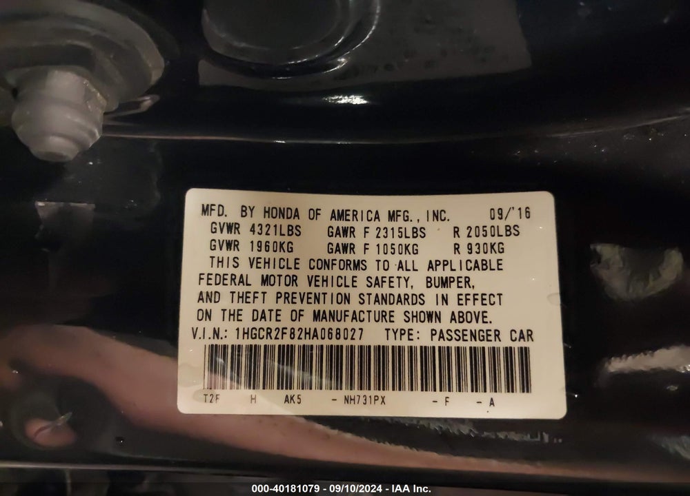 2017 HONDA ACCORD EX-L VIN: 1HGCR2F82HA068027