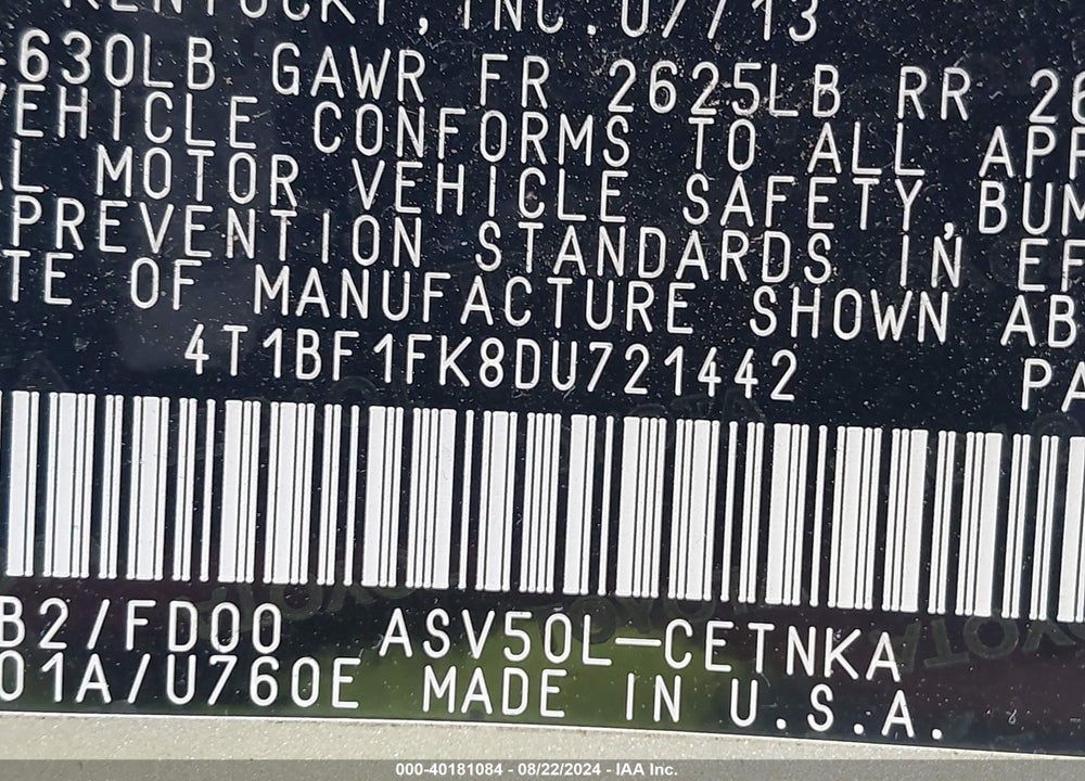 2013 TOYOTA CAMRY LE VIN: 4T1BF1FK8DU721442