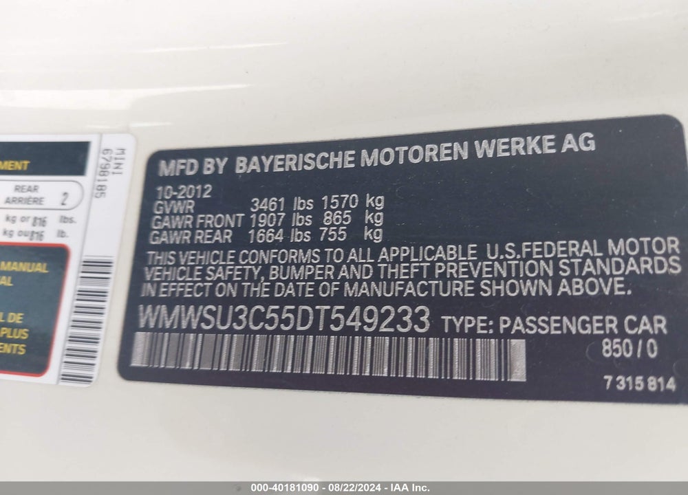 2013 MINI HARDTOP COOPER VIN: WMWSU3C55DT549233