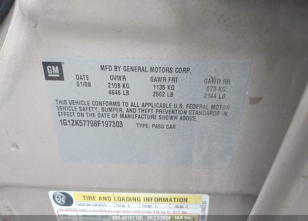 2008 CHEVROLET MALIBU LTZ VIN: 1G1ZK57798F197303