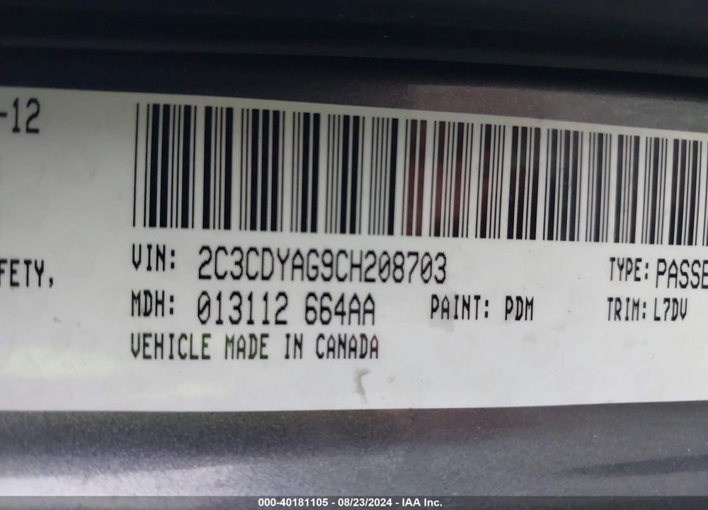 2012 DODGE CHALLENGER SXT VIN: 2C3CDYAG9CH208703