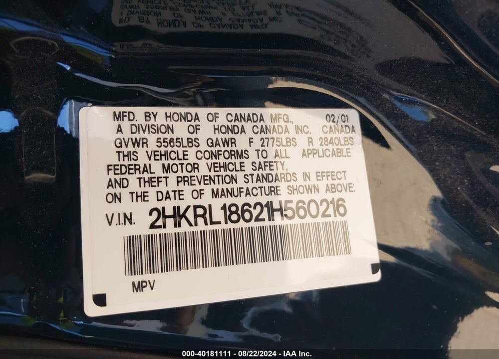 2001 HONDA ODYSSEY EX VIN: 2HKRL18621H560216