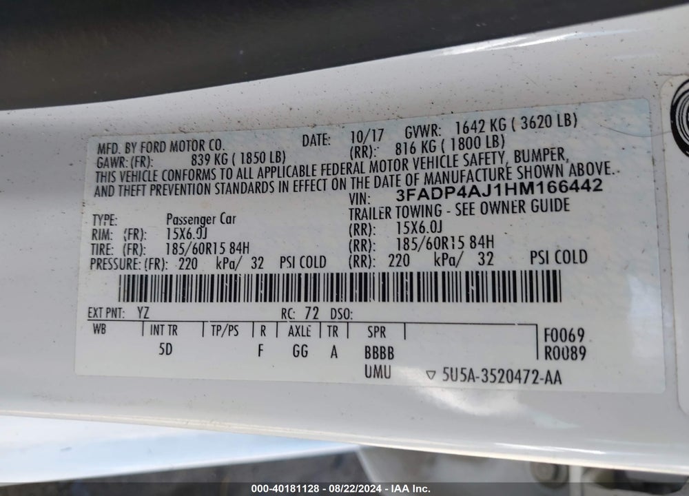 2017 FORD FIESTA S VIN: 3FADP4AJ1HM166442
