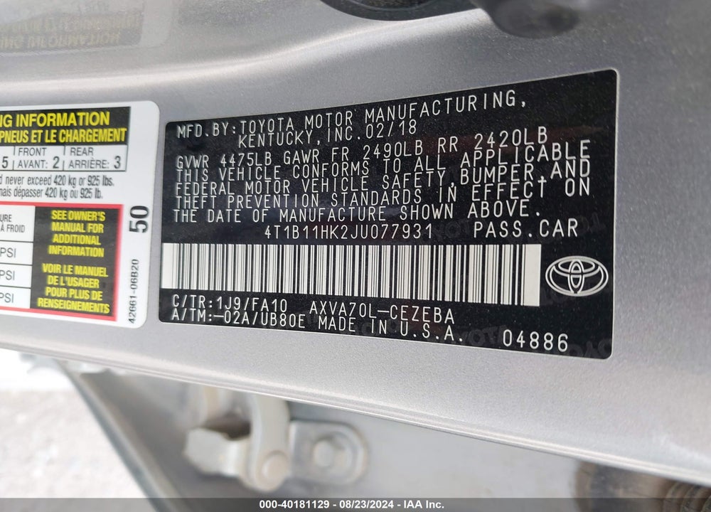 2018 TOYOTA CAMRY L VIN: 4T1B11HK2JU077931
