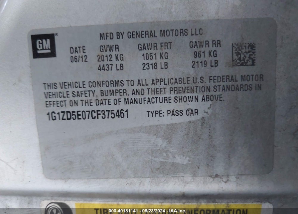 2012 CHEVROLET MALIBU 2LT VIN: 1G1ZD5E07CF375461