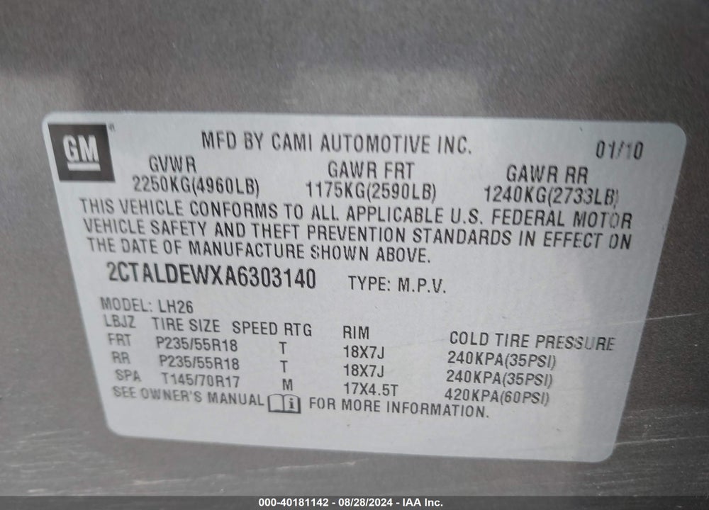2010 GMC TERRAIN SLE-2 VIN: 2CTALDEWXA6303140