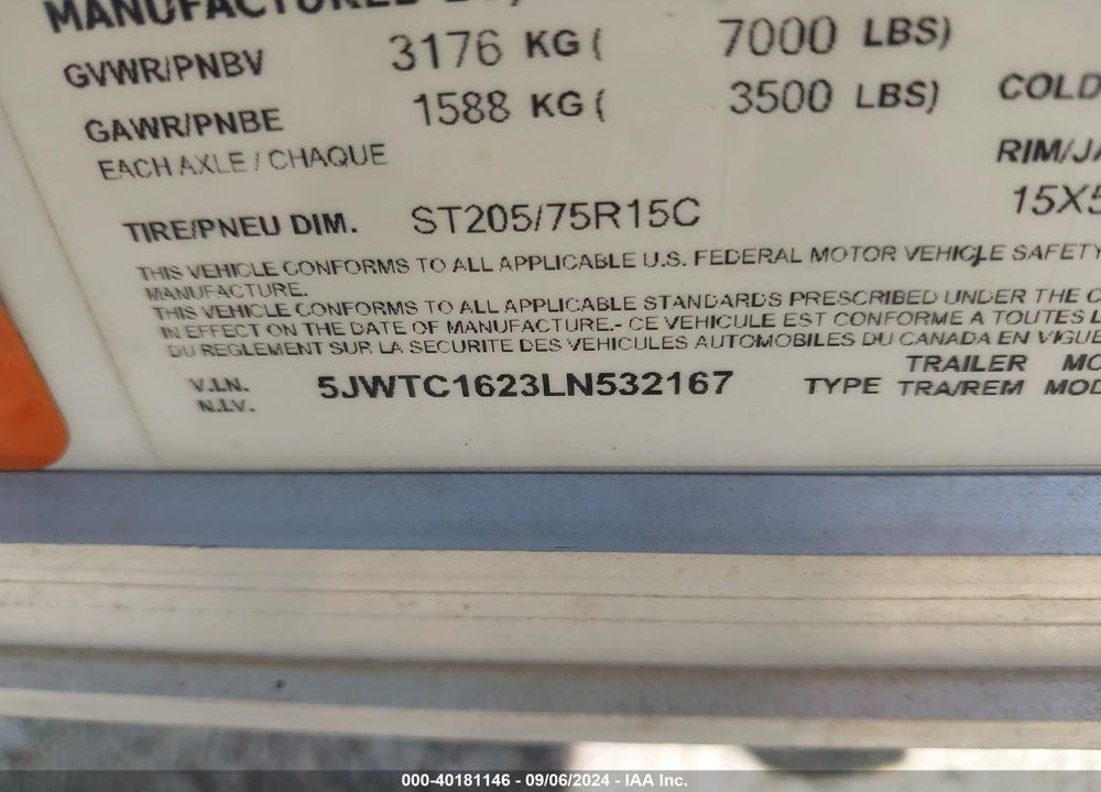 2020 H&H TRAILER VIN: 5JWTC1623LN532167