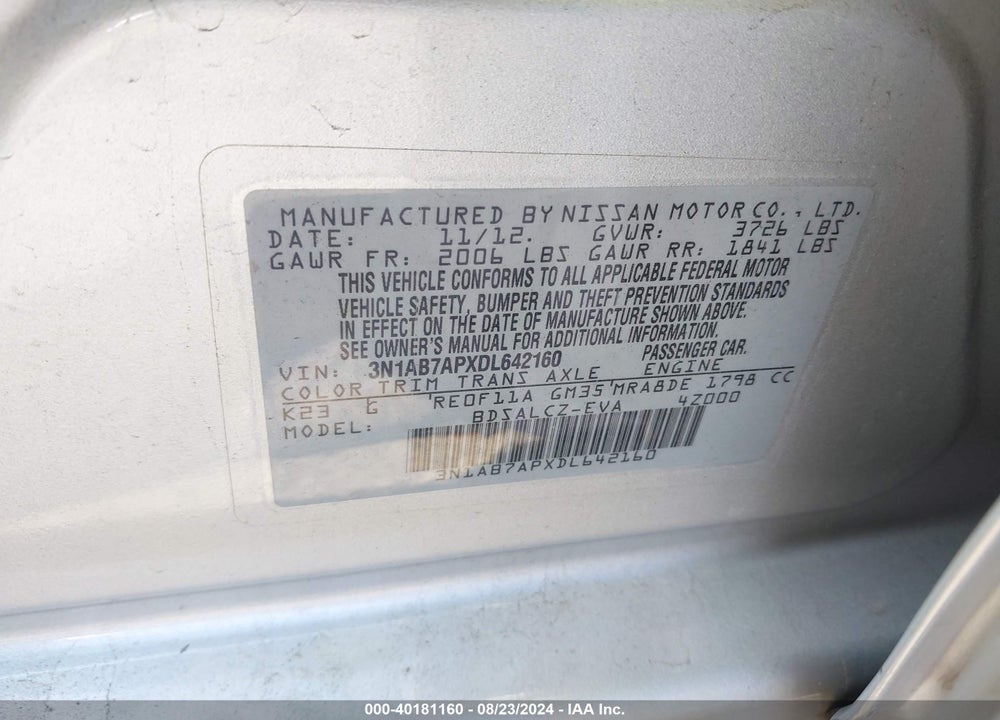 2013 NISSAN SENTRA VIN: 3N1AB7APXDL642160