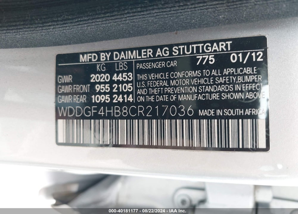 2012 MERCEDES-BENZ C 250 LUXURY/SPORT VIN: WDDGF4HB8CR217036