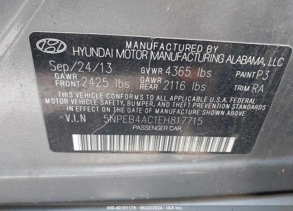 2014 HYUNDAI SONATA GLS VIN: 5NPEB4AC1EH817715