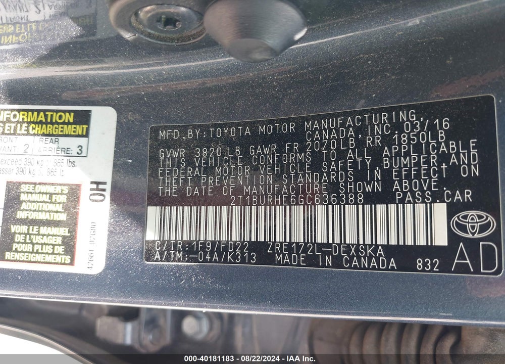 2016 TOYOTA COROLLA S PLUS VIN: 2T1BURHE6GC636388
