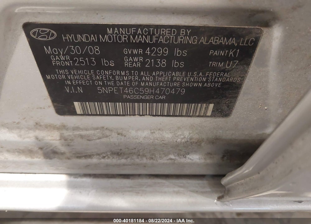 2009 HYUNDAI SONATA GLS VIN: 5NPET46C59H470479