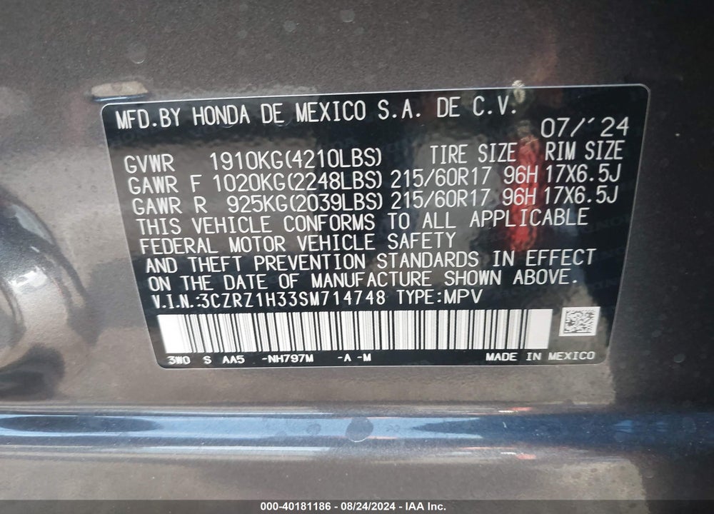 2025 HONDA HR-V 2WD LX VIN: 3CZRZ1H33SM714748