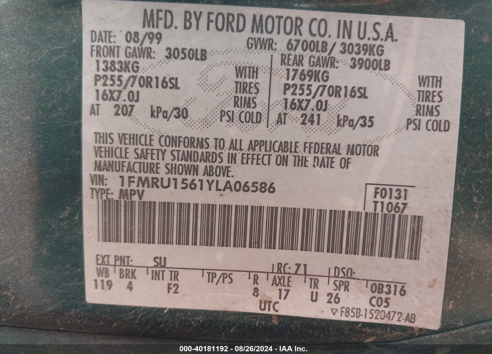 2000 FORD EXPEDITION XLT VIN: 1FMRU1561YLA06586