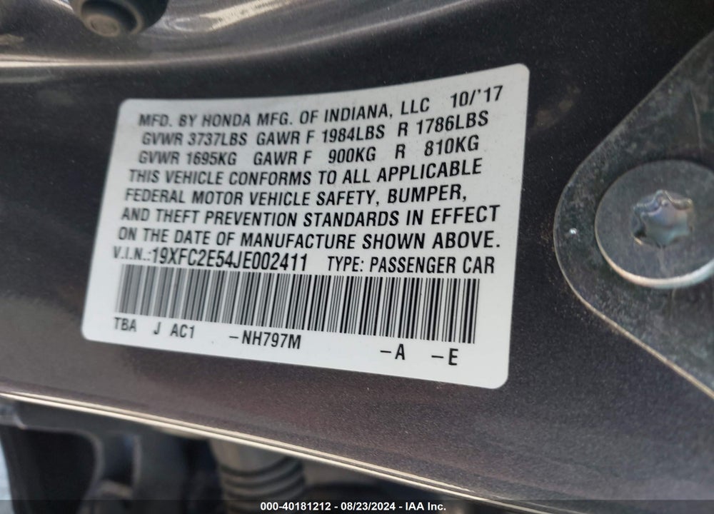 2018 HONDA CIVIC LX VIN: 19XFC2E54JE002411