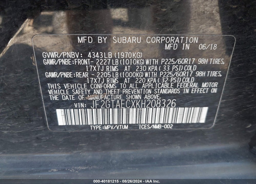 2019 SUBARU CROSSTREK 2.0I PREMIUM VIN: JF2GTAECXKH208326