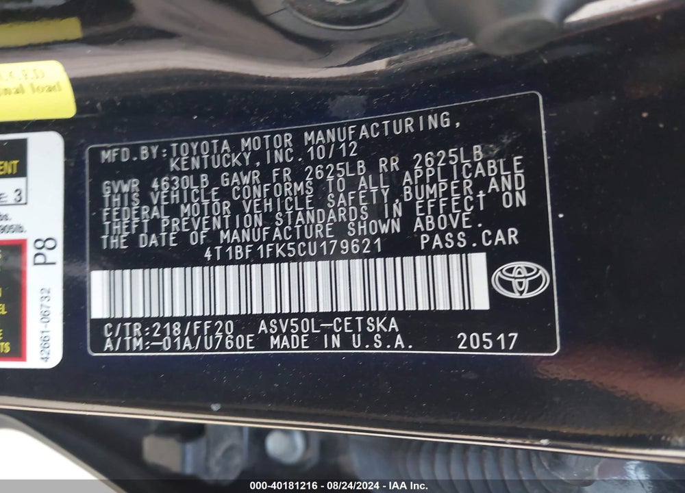 2012 TOYOTA CAMRY SE LIMITED EDITION VIN: 4T1BF1FK5CU179621