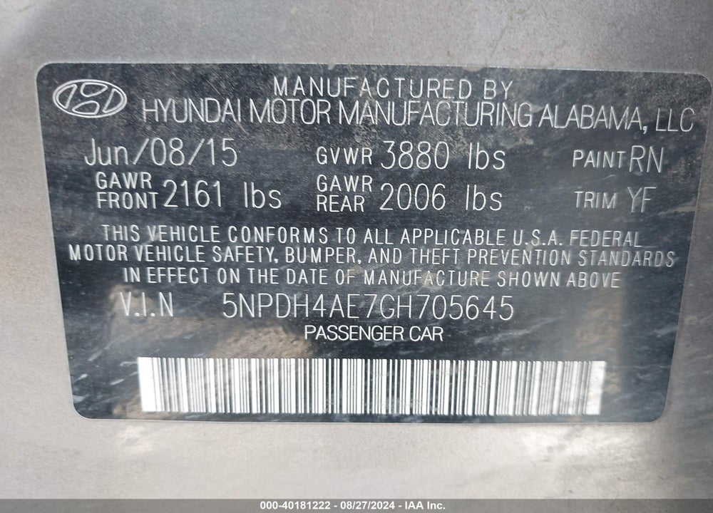2016 HYUNDAI ELANTRA SE VIN: 5NPDH4AE7GH705645
