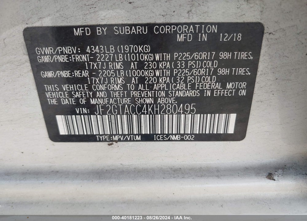 2019 SUBARU CROSSTREK 2.0I PREMIUM VIN: JF2GTACC4KH280495
