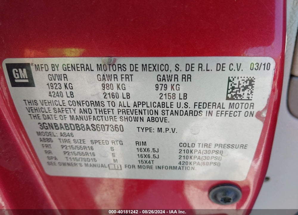 2010 CHEVROLET HHR LT VIN: 3GNBABDB8AS607360