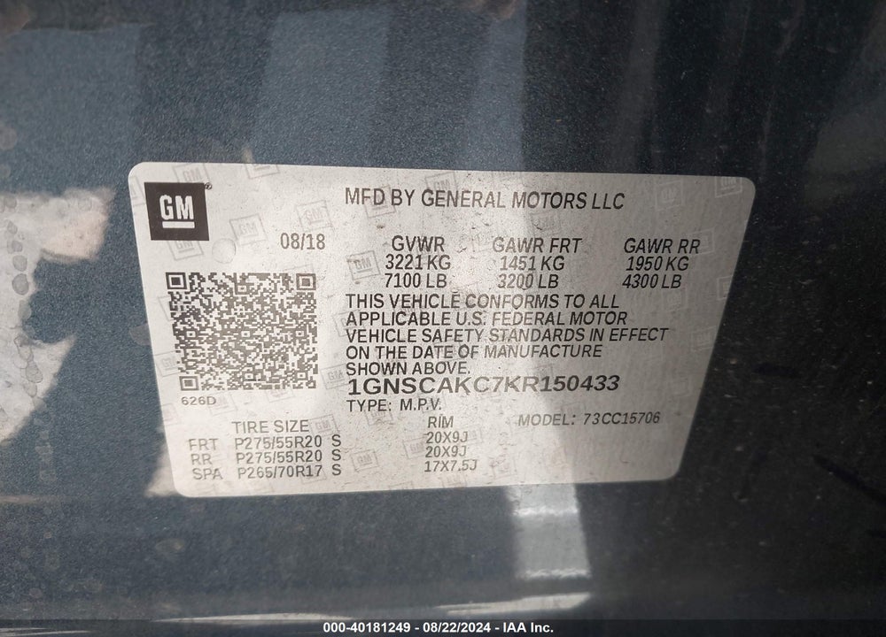 2019 CHEVROLET TAHOE LS VIN: 1GNSCAKC7KR150433