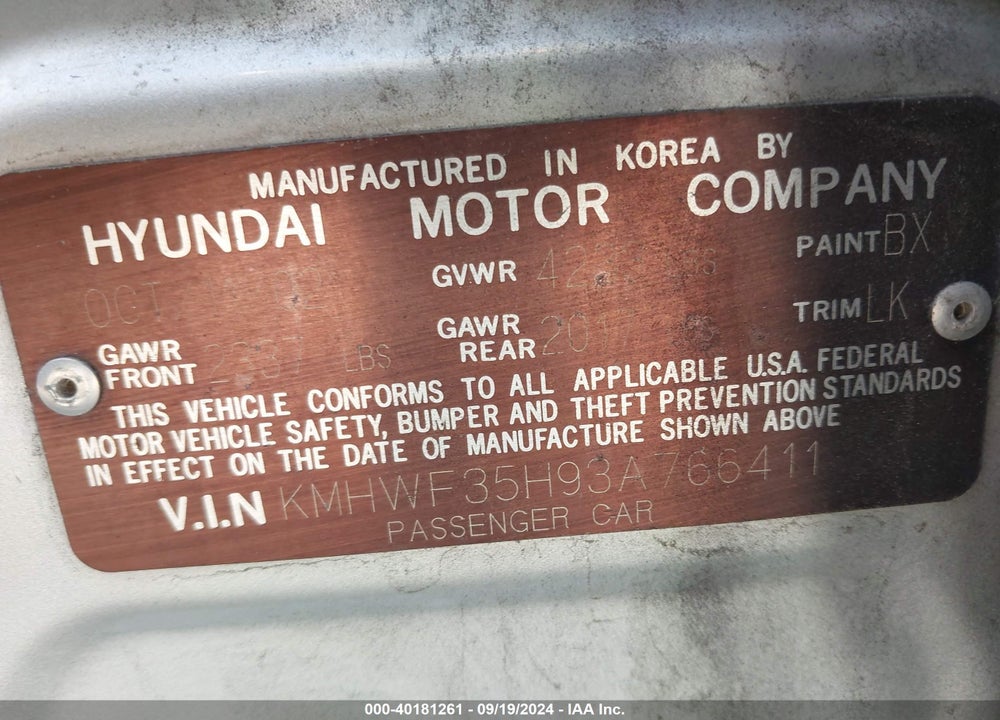 2003 HYUNDAI SONATA GLS/LX VIN: KMHWF35H93A766411