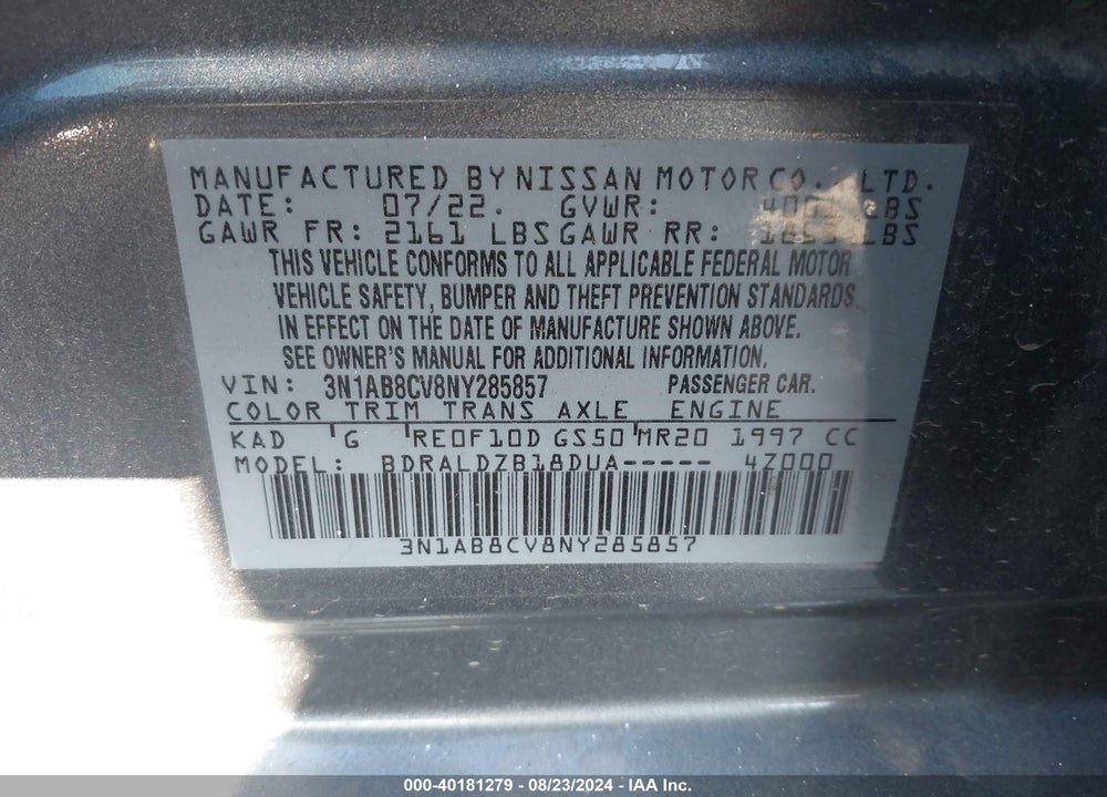 2022 NISSAN SENTRA SV XTRONIC CVT VIN: 3N1AB8CV8NY285857