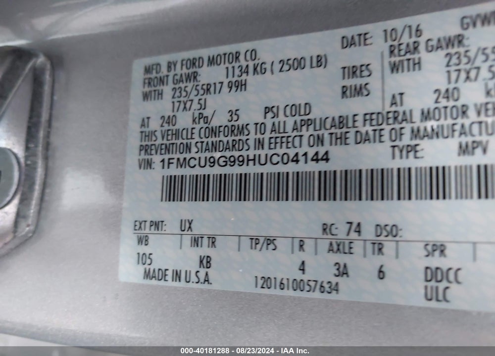 2017 FORD ESCAPE SE VIN: 1FMCU9G99HUC04144