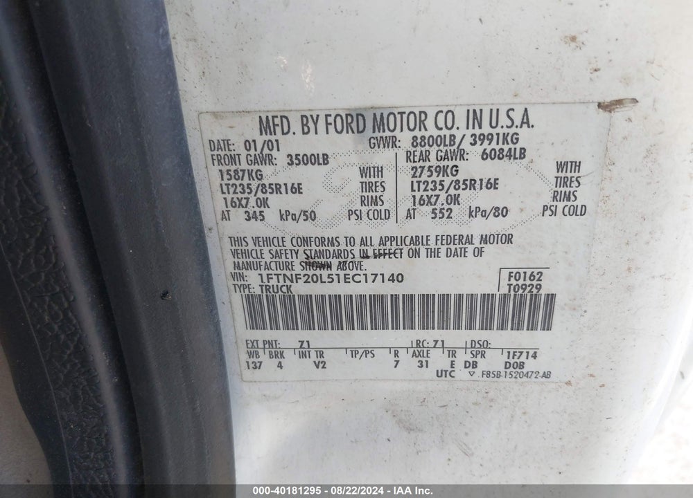 2001 FORD F-250 XL/XLT VIN: 1FTNF20L51EC17140