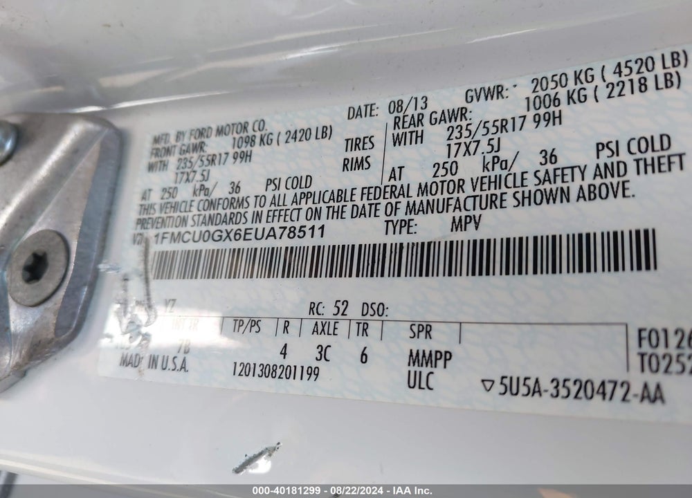 2014 FORD ESCAPE SE VIN: 1FMCU0GX6EUA78511