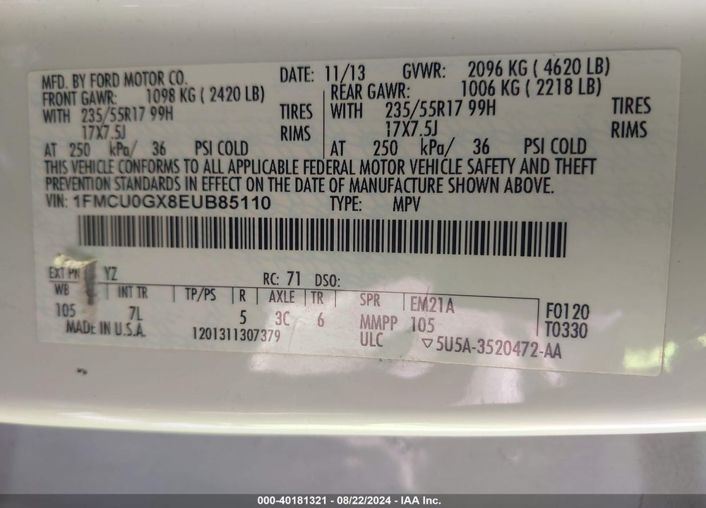2014 FORD ESCAPE SE VIN: 1FMCU0GX8EUB85110