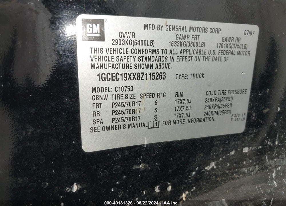 2008 CHEVROLET SILVERADO 1500 WORK TRUCK VIN: 1GCEC19XX8Z115263