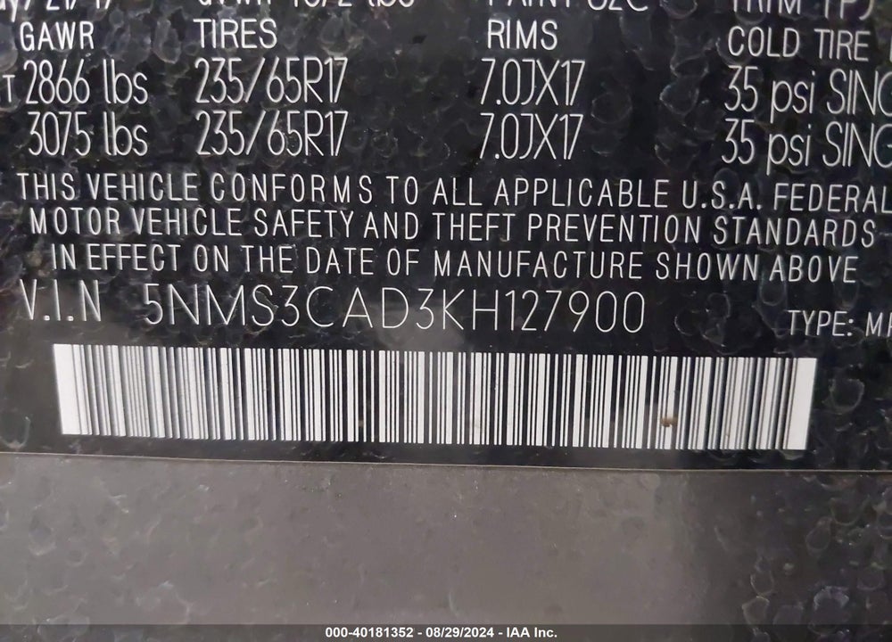 2019 HYUNDAI SANTA FE SEL VIN: 5NMS3CAD3KH127900