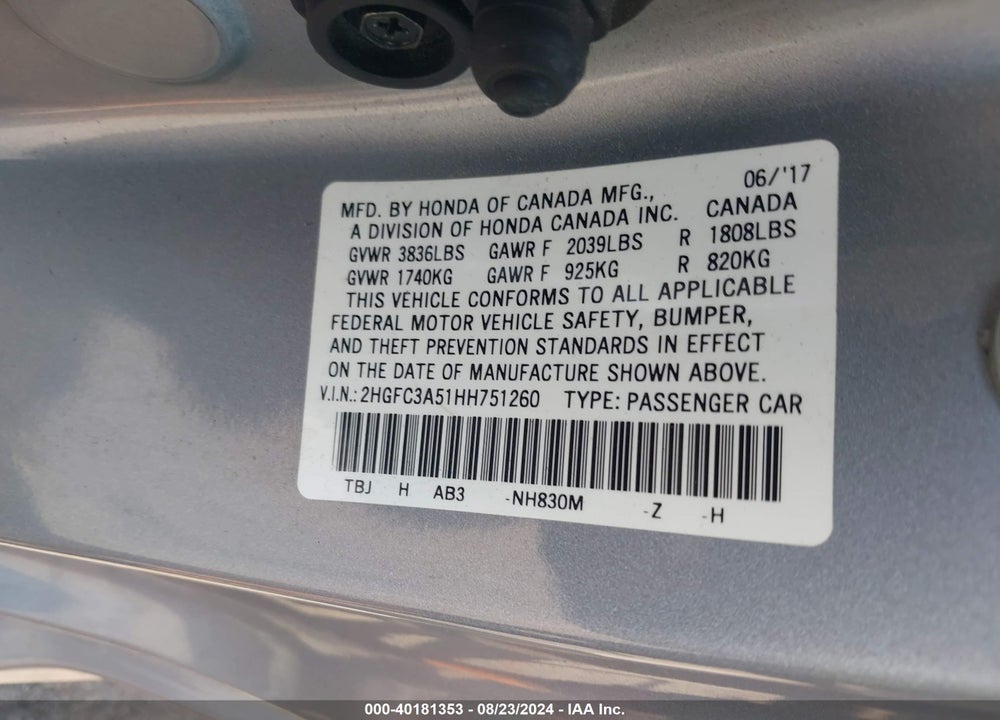 2017 HONDA CIVIC SI VIN: 2HGFC3A51HH751260