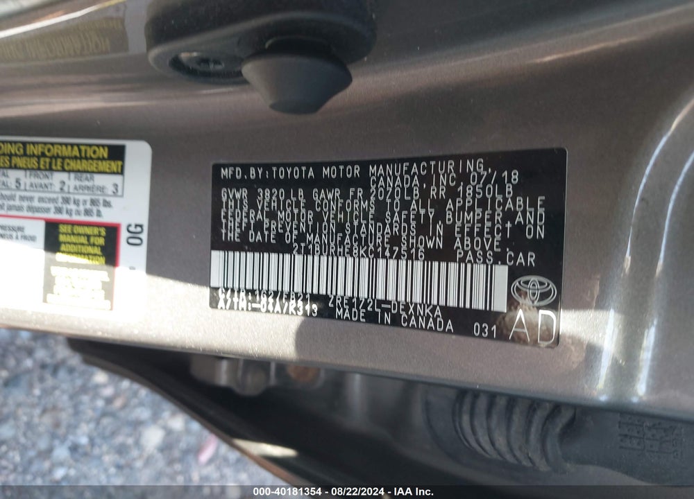 2019 TOYOTA COROLLA LE VIN: 2T1BURHE8KC147516
