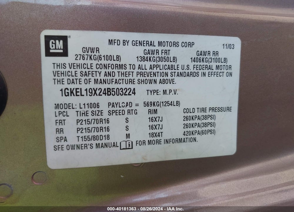 2004 GMC SAFARI VIN: 1GKEL19X24B503224