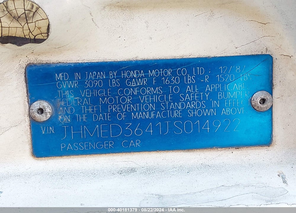 1988 HONDA CIVIC 1.5 DX VIN: JHMED3641JS014922