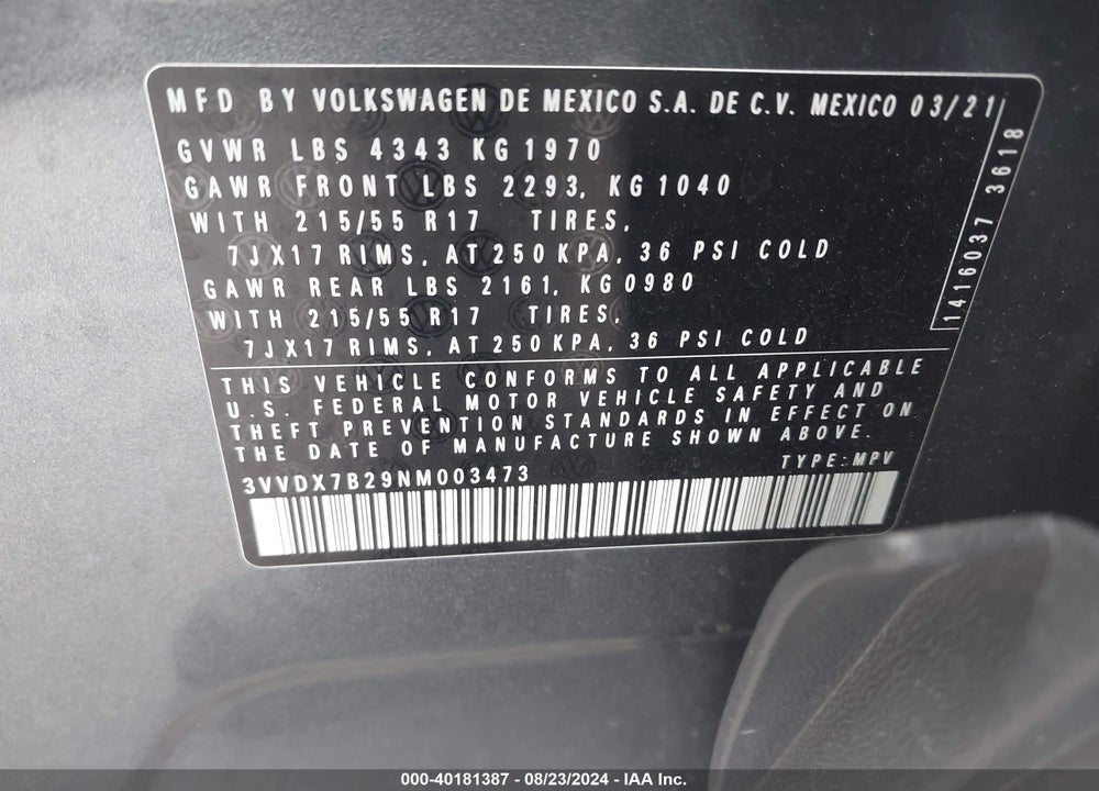 2022 VOLKSWAGEN TAOS 1.5T S VIN: 3VVDX7B29NM003473