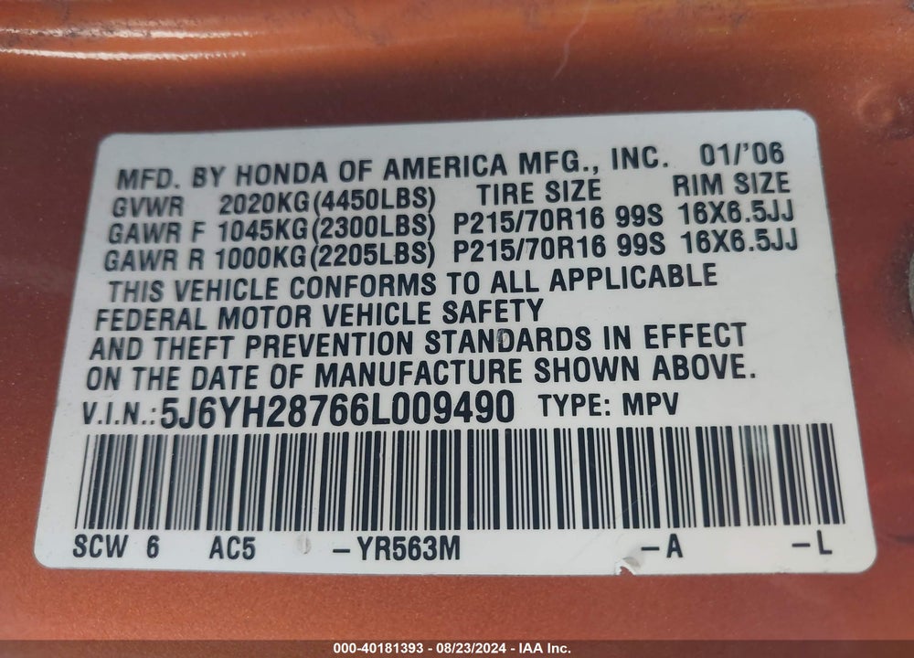 2006 HONDA ELEMENT EX-P VIN: 5J6YH28766L009490