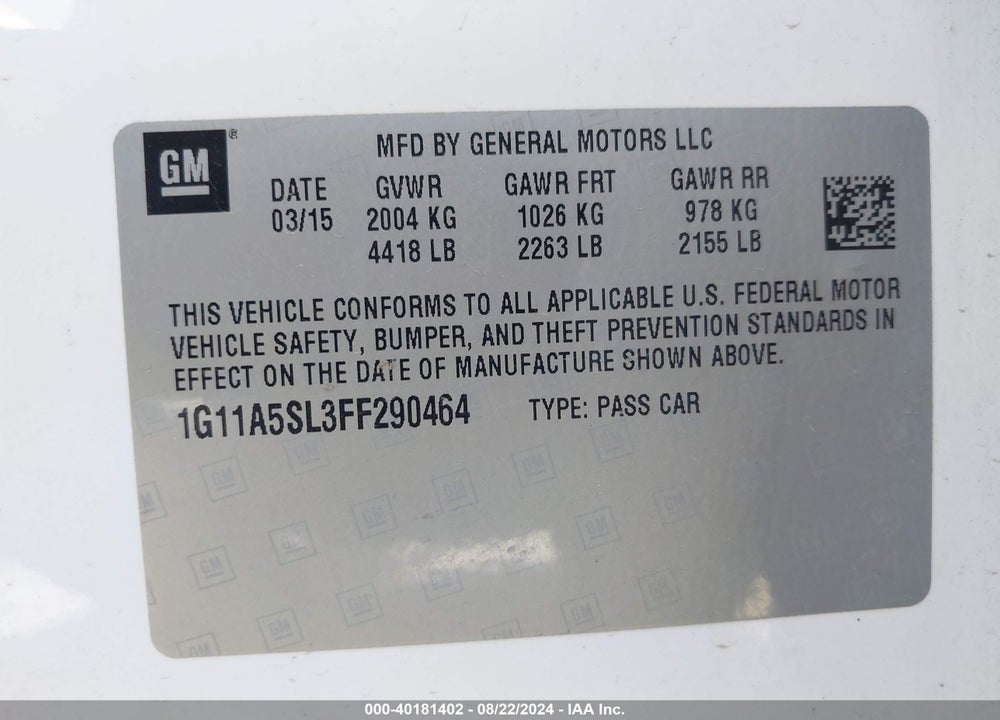 2015 CHEVROLET MALIBU VIN: 1G11A5SL3FF290464