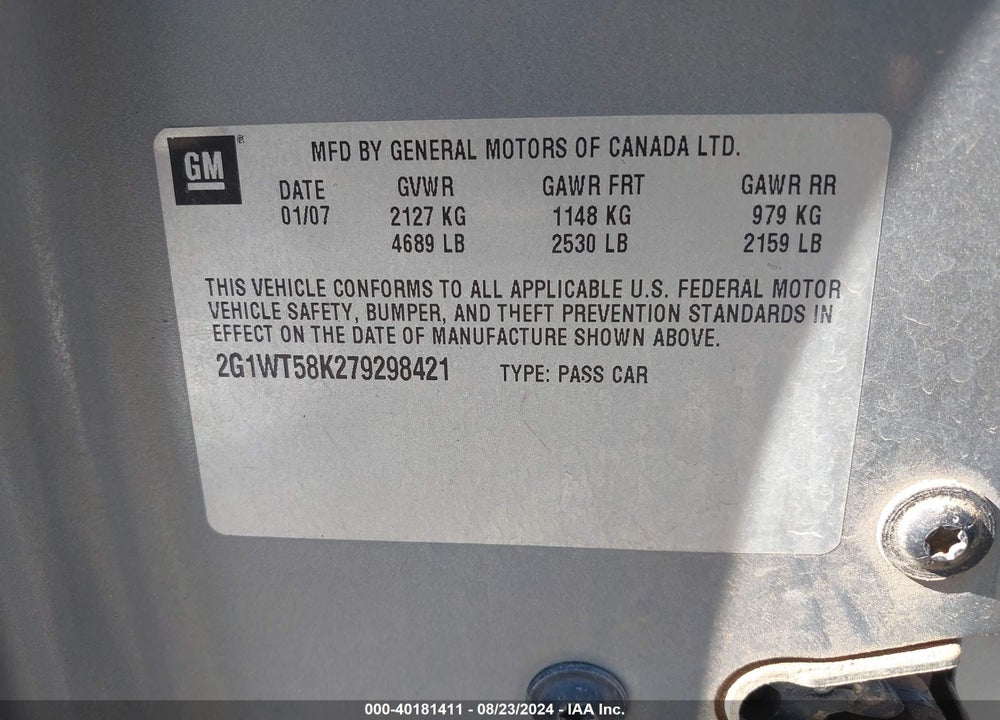 2007 CHEVROLET IMPALA LT VIN: 2G1WT58K279298421
