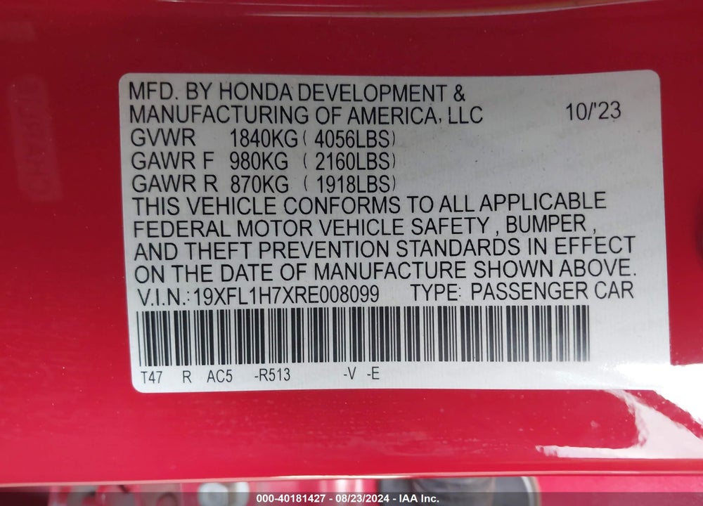2024 HONDA CIVIC EX-L VIN: 19XFL1H7XRE008099