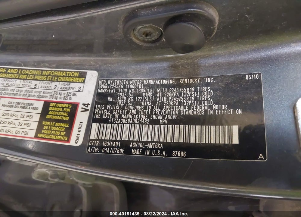 2010 TOYOTA VENZA VIN: 4T3ZA3BB8AU031482